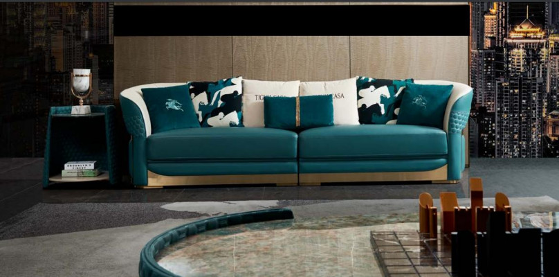 Couchtisch Holz Leder Turkis Ovaler Modern Design Möbel Luxus Wohnzimmer 140x83