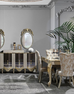 Essecke Luxus Essgruppe Esszimmer Esstisch Stühle Beige Set Holz 5tlg
