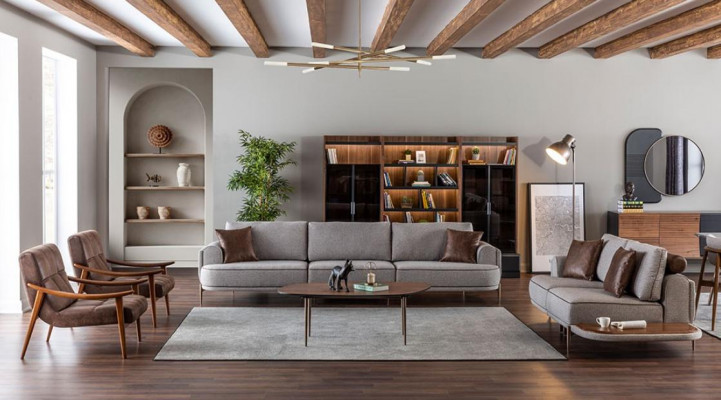 Graue Polster 3+2 Sitzer Garnitur Wohnzimmer Designer Couchtisch Luxus Möbel