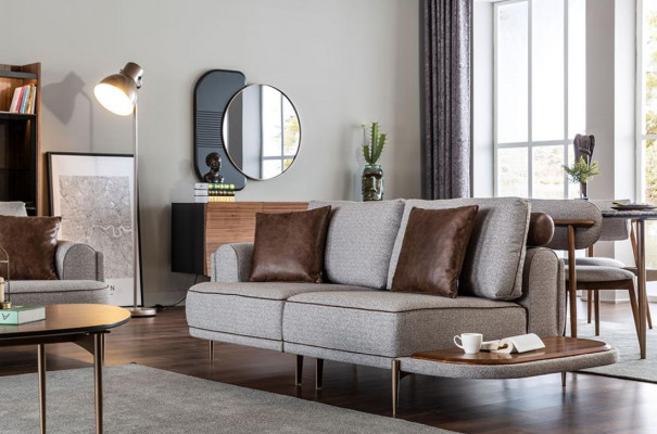 Graue Polster 3+2 Sitzer Garnitur Wohnzimmer Designer Couchtisch Luxus Möbel