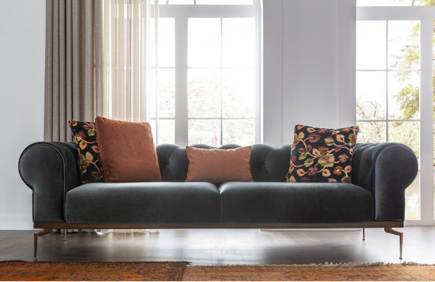 Modern Chesterfield Dreisitzer Sofa 3 Sitzer Stoffsofa Sofas Blau Stoff Couch