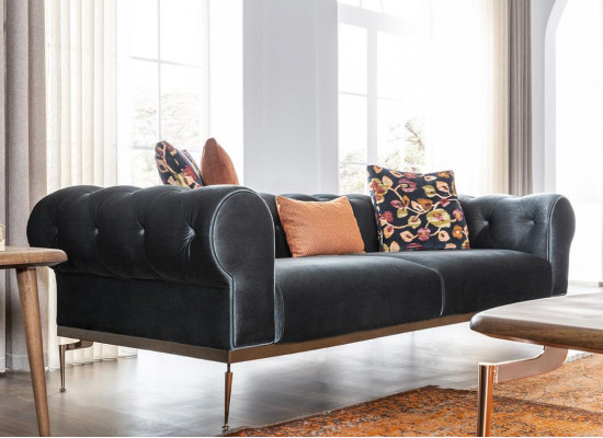 Modern Chesterfield Dreisitzer Sofa 3 Sitzer Stoffsofa Sofas Blau Stoff Couch