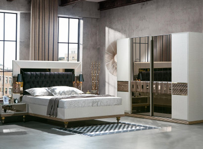 Schlafzimmer Set Bett 2x Nachttische Textil Kleiderschrank Modern 4tlg.