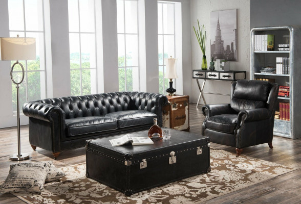 Chesterfield Sofa 3 Sitzer mit Sessel Schwarz Vintage Leder Möbel Stil 2tlg. Neu