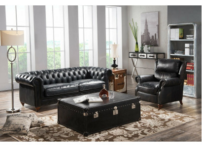 Chesterfield Sofa 3 Sitzer mit Sessel Schwarz Vintage Leder Möbel Stil 2tlg. Neu