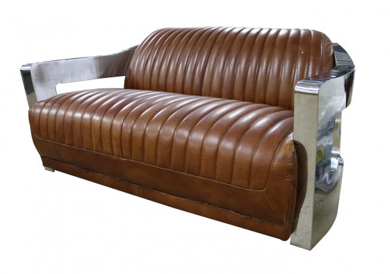 Sofa Vintage 2-Sitzer Ledersofa im Retro Stil Echtleder Aluminium Nieten Möbel