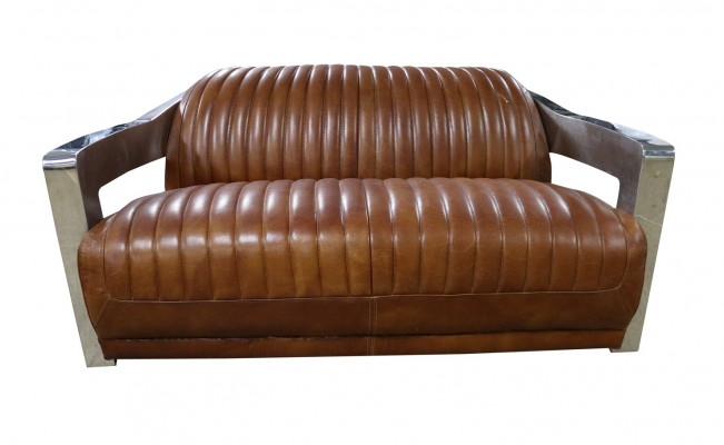 Sofa Vintage 2-Sitzer Ledersofa im Retro Stil Echtleder Aluminium Nieten Möbel