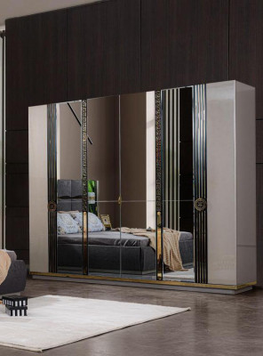 Luxus Kleiderschrank Holzschrank Garderobenschrank mit Spiegel Beige