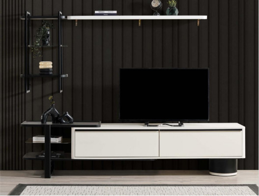 Wohnzimmer RTV Lowboard TV Ständer Schrank Holz Weiß Regale Wohnwand