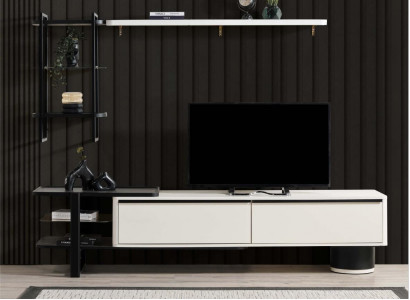 Wohnzimmer RTV Lowboard TV Ständer Schrank Holz Weiß Regale Wohnwand