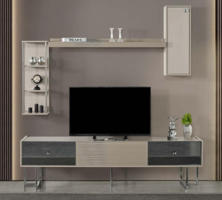 Wohnwand RTV Lowboard TV Ständer Schrank Holz Grau Regale Wohnzimmer