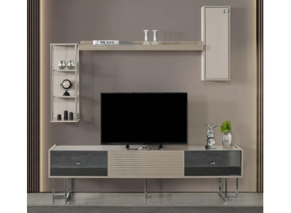 Wohnwand RTV Lowboard TV Ständer Schrank Holz Grau Regale Wohnzimmer