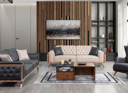 Stilvolle Schwarz-Beige Wohnzimmer Sofagarnitur 3+3+1 Sitzer 3tlg Set