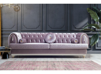 Lila Chesterfield Dreisitzer Designer 3-Sitzer Polstercouchen Holzgestell