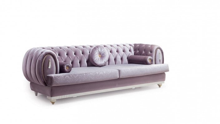 Lila Chesterfield Dreisitzer Designer 3-Sitzer Polstercouchen Holzgestell