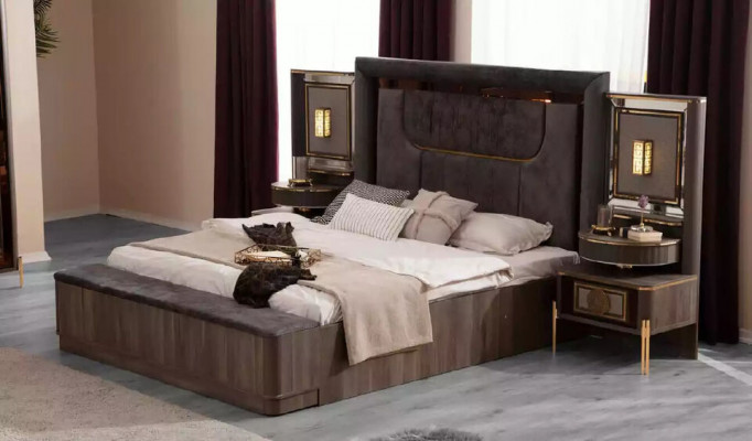 Komplette Doppelbett Schlafzimmer Schrank Bett Set 5tlg Grau Stoff