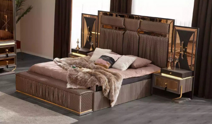 Luxus Sofa Beige Garnitur Schlafzimmer Doppelbett Beige Set 5tlg Bett
