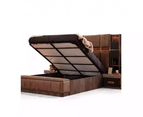 Schlafzimmer Garnitur Luxus Doppelbett Bettkasten Bett Set 3tlg Beige