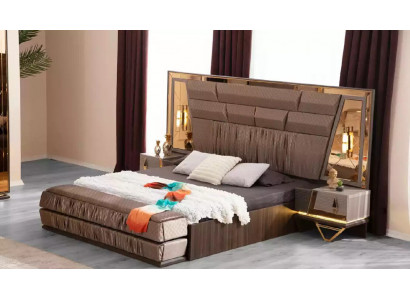 Schlafzimmer Gruppe Bett Set 3tlg Doppelbett Beige Stoff Nachttische