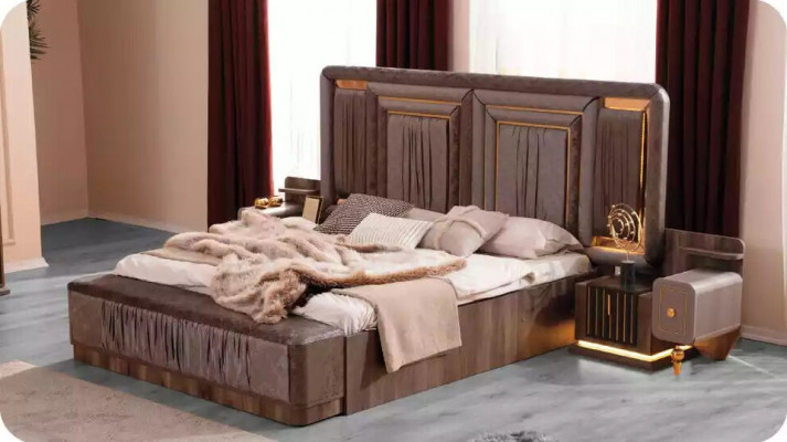 Komplette Schlafzimmermöbel Luxus Bett Set 4tlg Doppelbett Beige Stoff