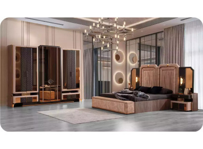 Komplette Schlafzimmermöbel Luxus Bett Set 4tlg Doppelbett Beige Stoff