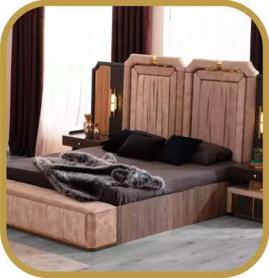 Luxus Garnitur Doppelbett Set 6tlg Beige Stoff Bett mit Bettkasten Schlafzimmer