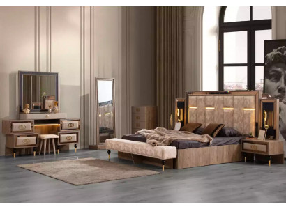 Komplette Schlafzimmermöbel Luxus Bett Set 6tlg Doppelbett Beige Stoff
