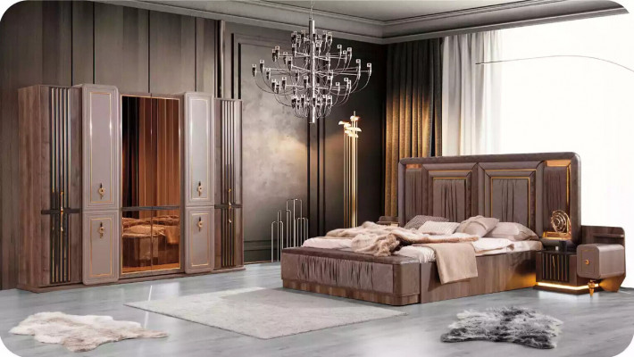 Komplette Schlafzimmermöbel Luxus Bett Set 4tlg Doppelbett Beige Stoff