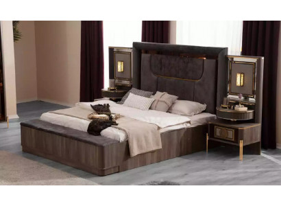 Schlafzimmer Betten Doppelbett Grau Stoff Garnitur Set 4tlg Bett Luxus