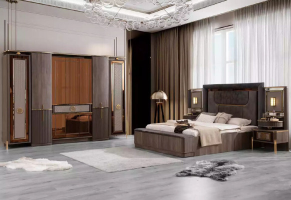 Schlafzimmer Betten Doppelbett Grau Stoff Garnitur Set 4tlg Bett Luxus