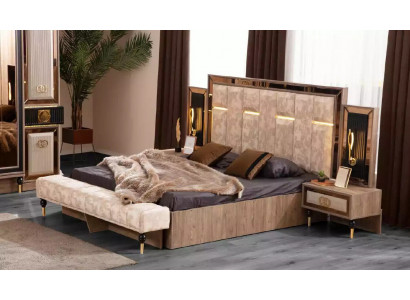 Schlafzimmerbett Doppelbett Beige Stoff Nachttische Set 3tlg Bett Neu
