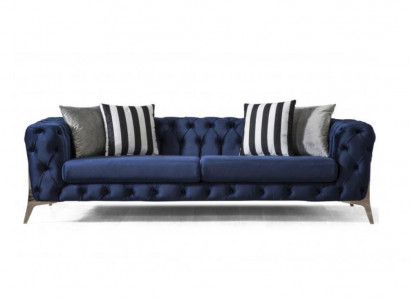 Chesterfield Sofa 3 Sitzer Blau Samt luxuriös Möbel für Wohnzimmer Sofas