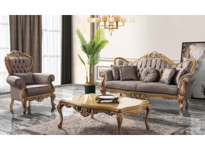 Chesterfield Sofagarnitur Dreisitzer Sessel Stoff Couchtisch Grau Sofa