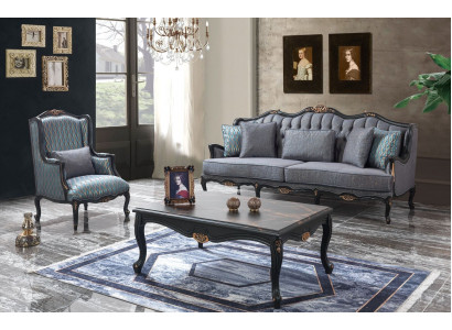 Chesterfield Sofagarnitur Dreisitzer Sessel Stoff Couchtisch Blau Neu