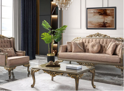 Chesterfield Sofagarnitur Dreisitzer Sessel Stoff Couchtisch Beige Neu