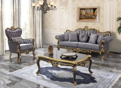 Chesterfield Sofagarnitur Polstersofa Sofa Blau Dreisitzer Sessel Set