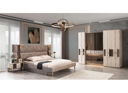 Modern Garnitur Doppelbett Bett Beige Holz Luxus Schlafzimmer Set 4tlg