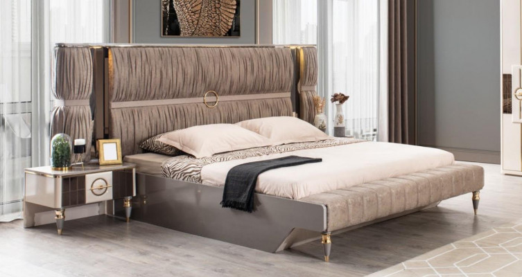 Modern Garnitur Doppelbett Bett Beige Holz Luxus Schlafzimmer Set 4tlg
