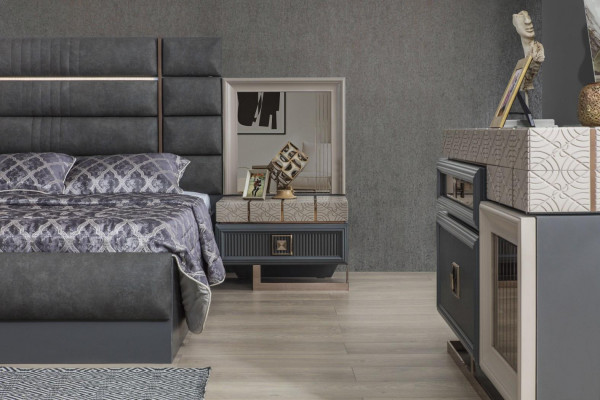 Luxus Schlafzimmer Doppelbett Grau Garnitur Set 4tlg Moderne Bett Neu