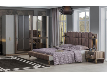 Schlafzimmer Garnitur Luxus Doppelbett Holz Braun Stoff Bett Set 4tlg