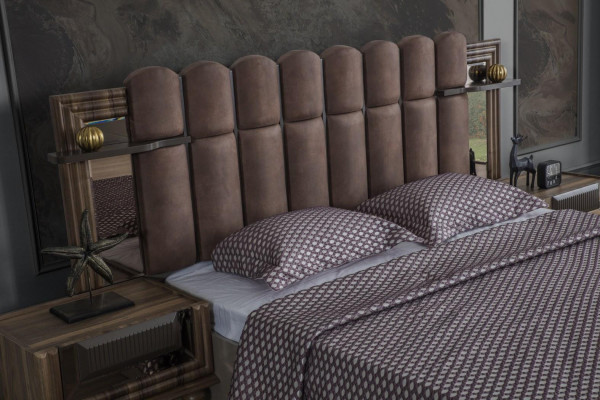 Schlafzimmer Garnitur Luxus Doppelbett Holz Braun Stoff Bett Set 4tlg