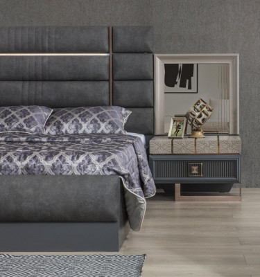 Schlafzimmer Doppelbett Grau Garnitur Set 4tlg Modern Bett Nachttische