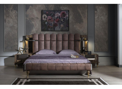 Komplette Schlafzimmermöbel Doppelbett Braun Stoff Bett Set 3tlg Nachttische