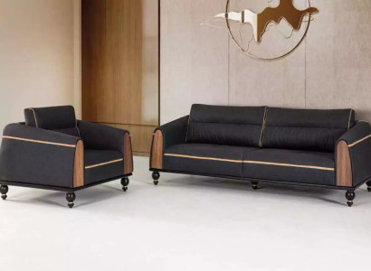 Schwarze Sofas Set Moderne Garnitur Dreisitzer Sessel Stoffmöbel 2tlg