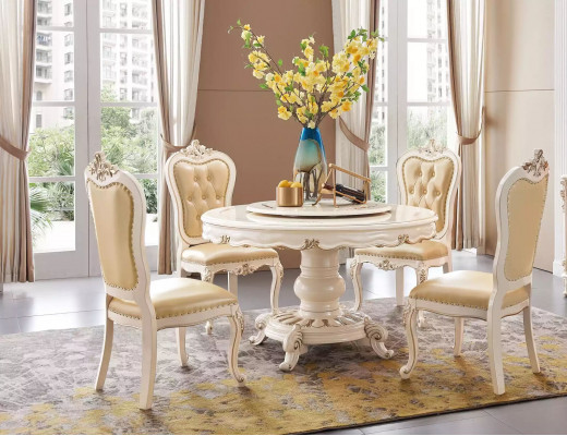 Klassischer Hellbeiger Esszimmer Set Luxus Runder Esstisch und x4 Chesterfield Stühle 5tlg. Garnitur