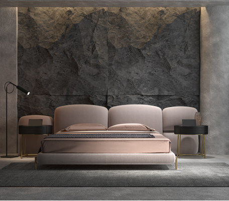 Großes Beiges Schlafzimmer Doppelbett Designer Breites Textil Kopfteil