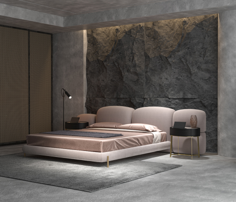 Großes Beiges Schlafzimmer Doppelbett Designer Breites Textil Kopfteil