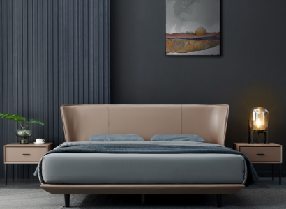 Beiges Kunstleder Schlafzimmer Doppelbett Designer Holzgestell Betten