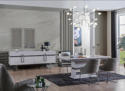 Design Esszimmer Set Esstisch + 4x Stühle + Anrichte mit 2x Spiegel 8 tlg