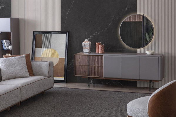 Esszimmer Set Besteht aus Esstisch 4x Stühle und Anrichte mit Spiegel 7tlg.